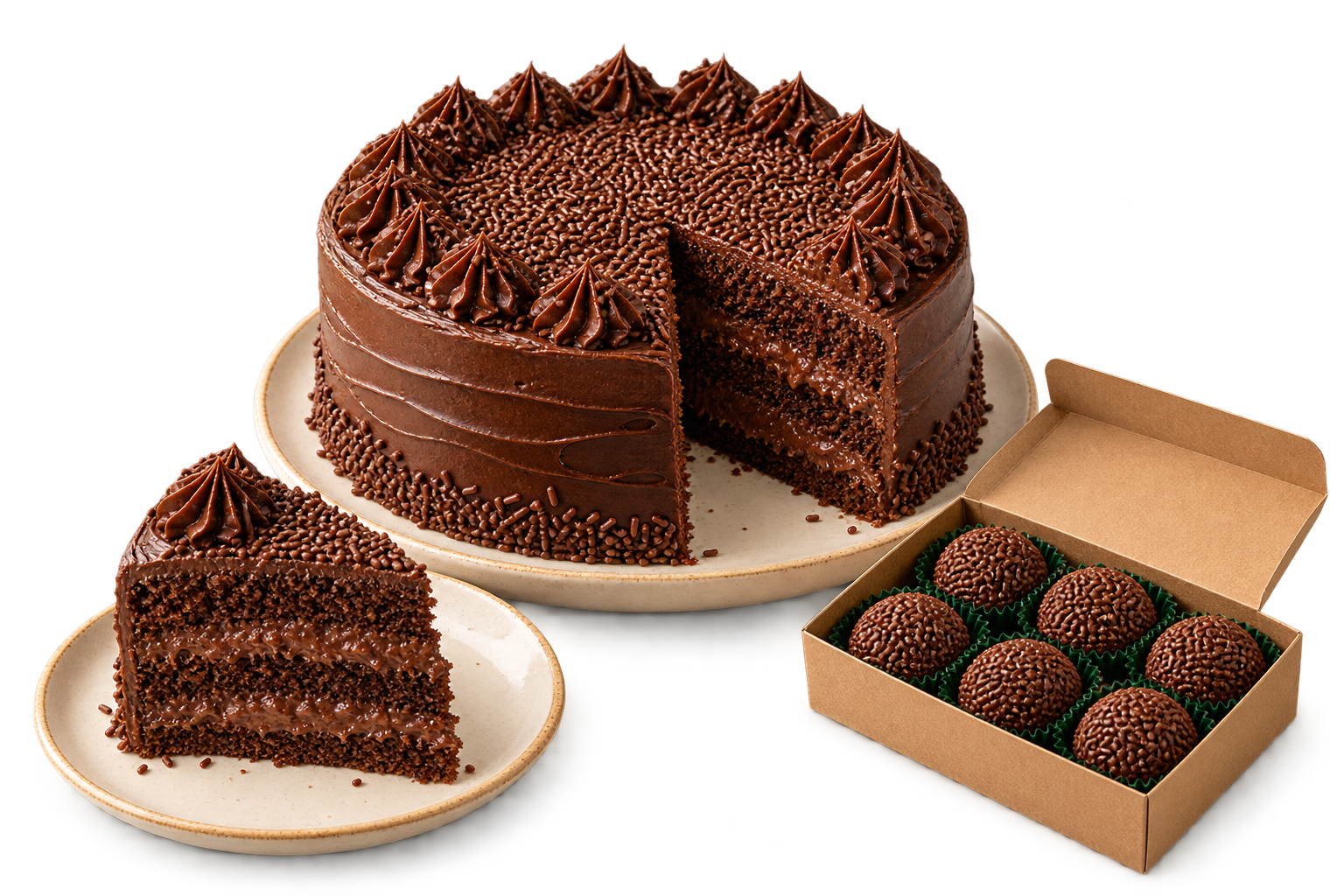 Bolo de chocolate com uma fatia servida e uma caixa de brigadeiros